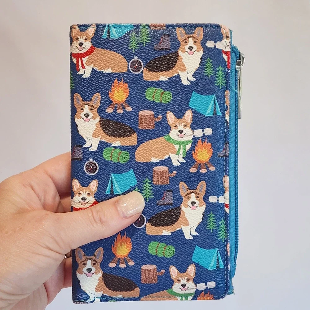 Ashley M Artist Series Corgi Gone Camping Bifold Wallet Blue Faux Leather 6.5x4